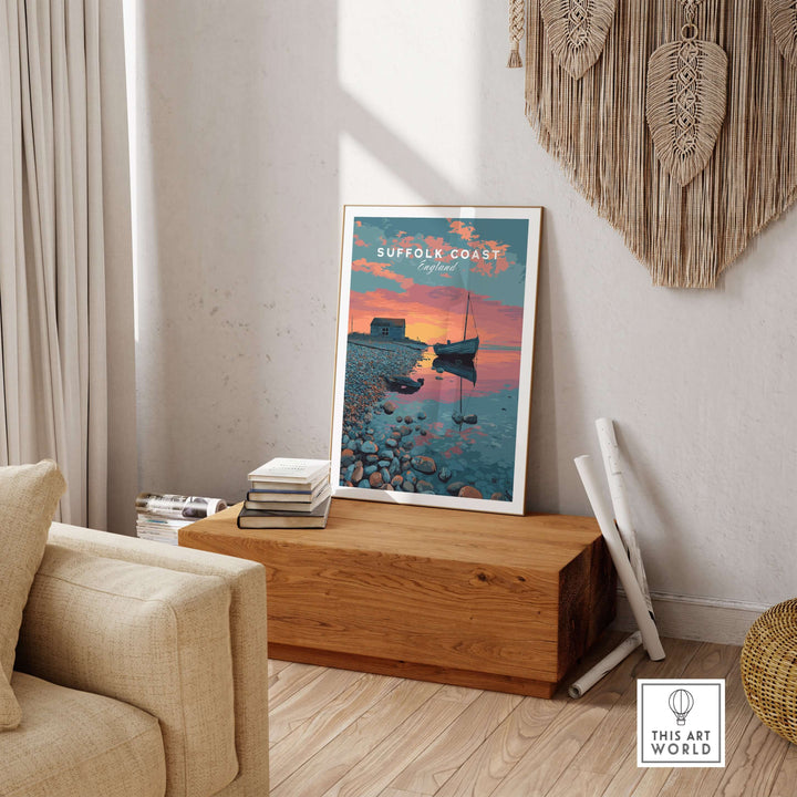 Suffolk Coast sunset print featuring boat and pebble beach, perfect coastal hut wall art for a tranquil home decor.