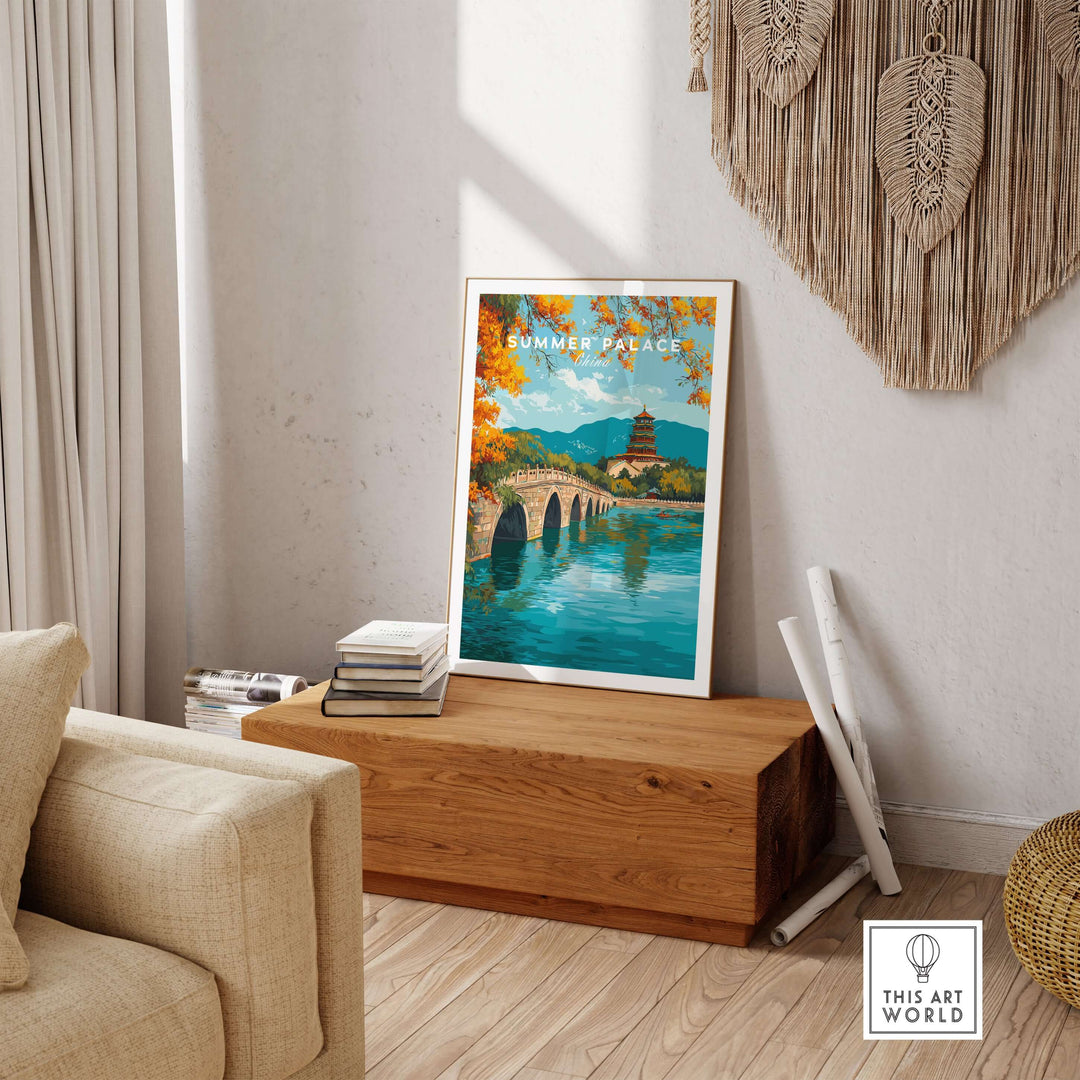 Summer Palace Seventeen-Arch Bridge print showcasing classic Chinese architecture in a living room setting.