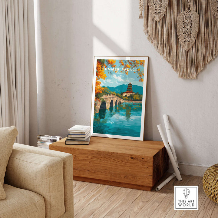 Summer Palace Seventeen-Arch Bridge print showcasing classic Chinese architecture in a living room setting.