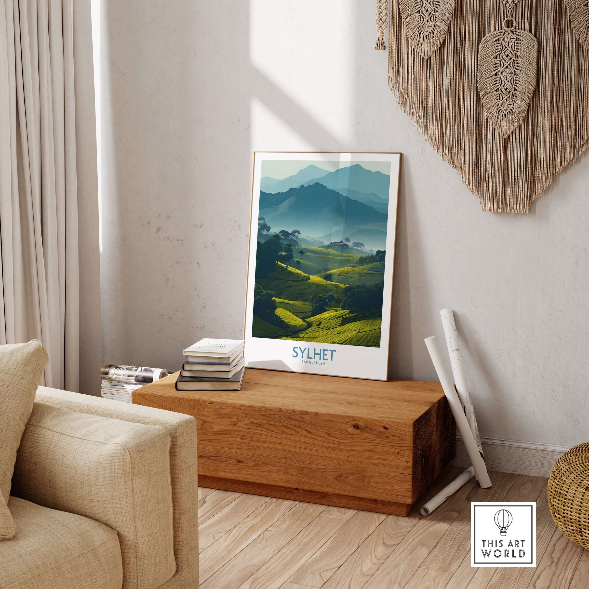 Sylhet Bangladesh Poster - Tea Plantation Fields Artwork displayed in a cozy living room setting.