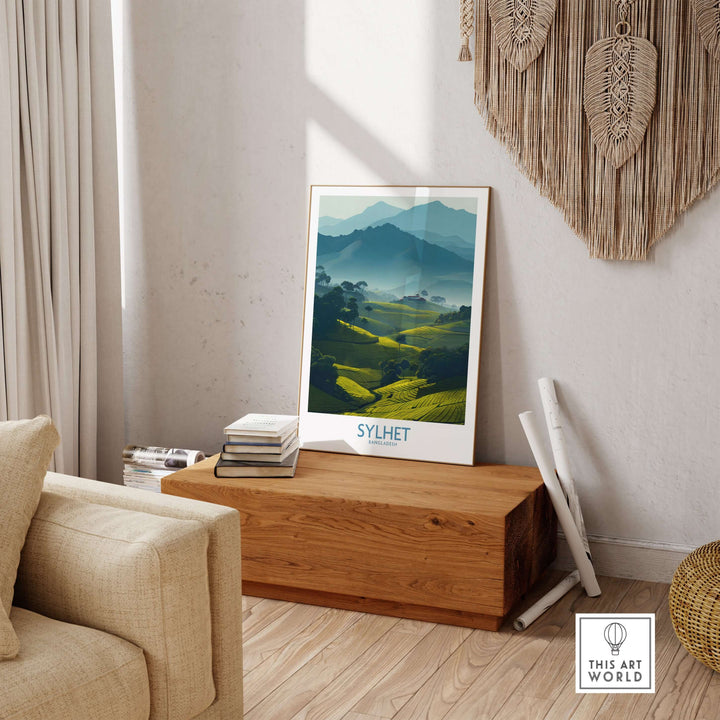 Sylhet Bangladesh poster showcasing lush tea plantation fields in serene home décor setting.
