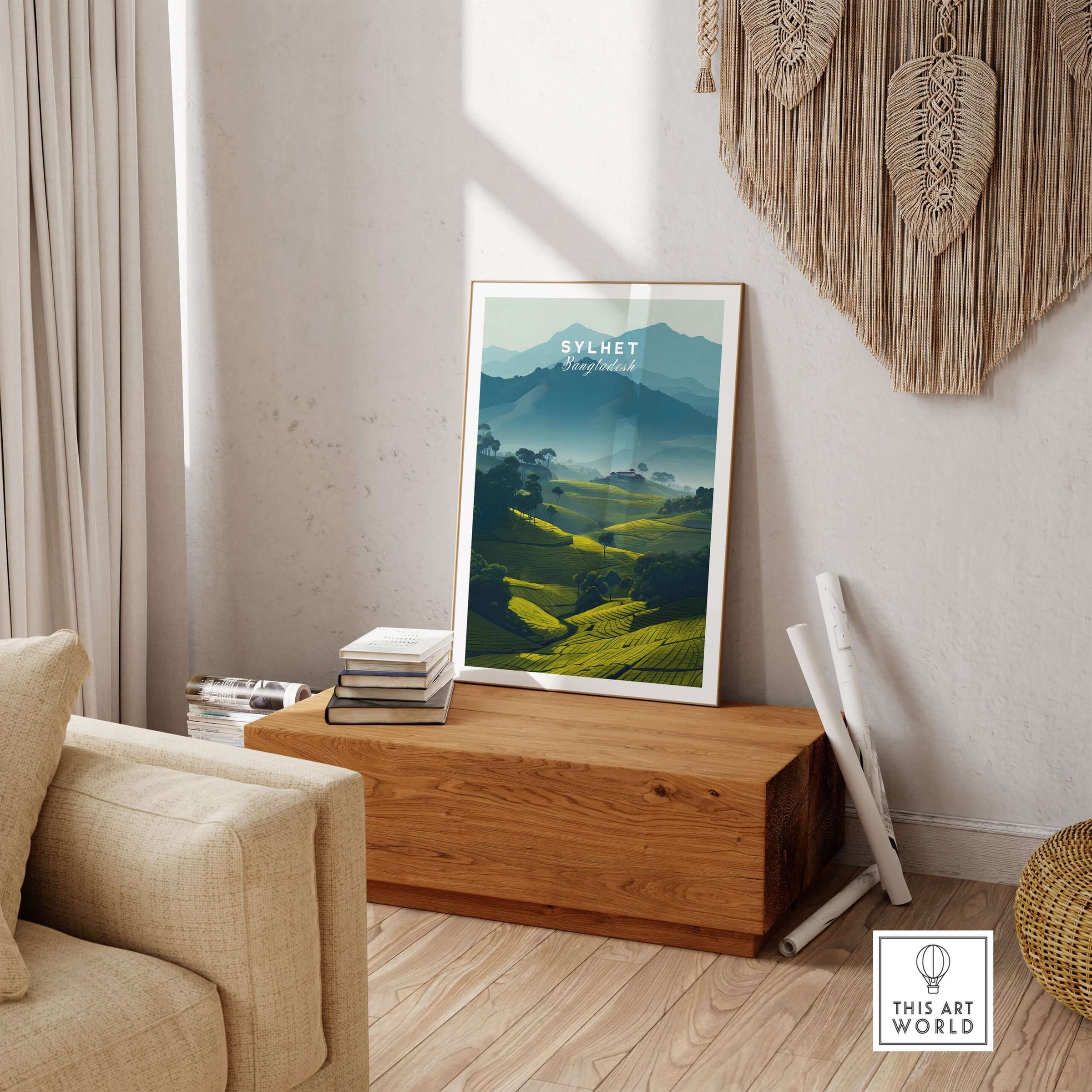 Sylhet Bangladesh Poster Tea Plantations Print - Misty Mountains Wall Art displayed in a cozy living room setting.