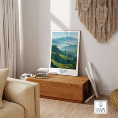 Sylhet Bangladesh Tea Plantation Wall Art - Bangladeshi Travel Decor displayed in a cozy living space with natural light.