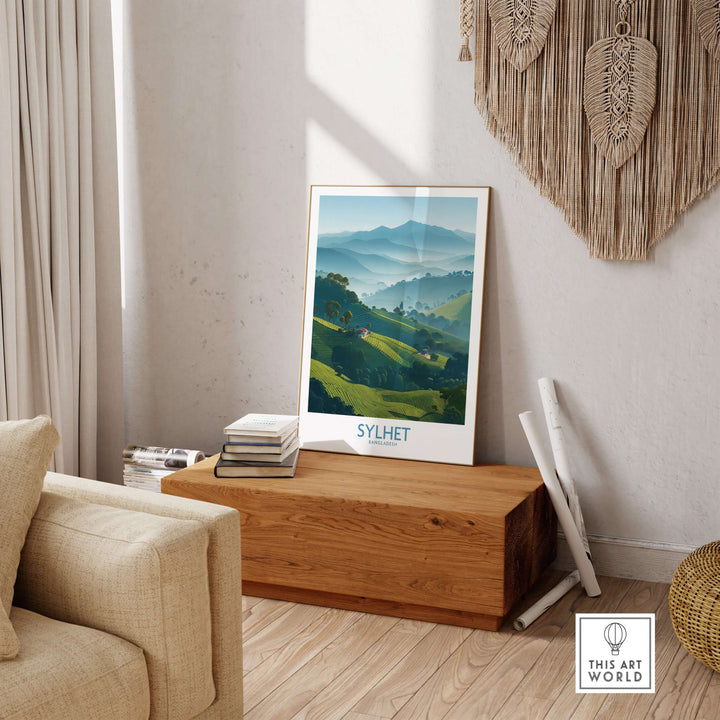 Sylhet Bangladesh tea plantation wall art displayed in a cozy home setting, perfect for travel decor.