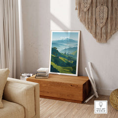Sylhet Bangladesh Tea Fields Print - Serene Hillside Landscape Poster displayed in a cozy living room.