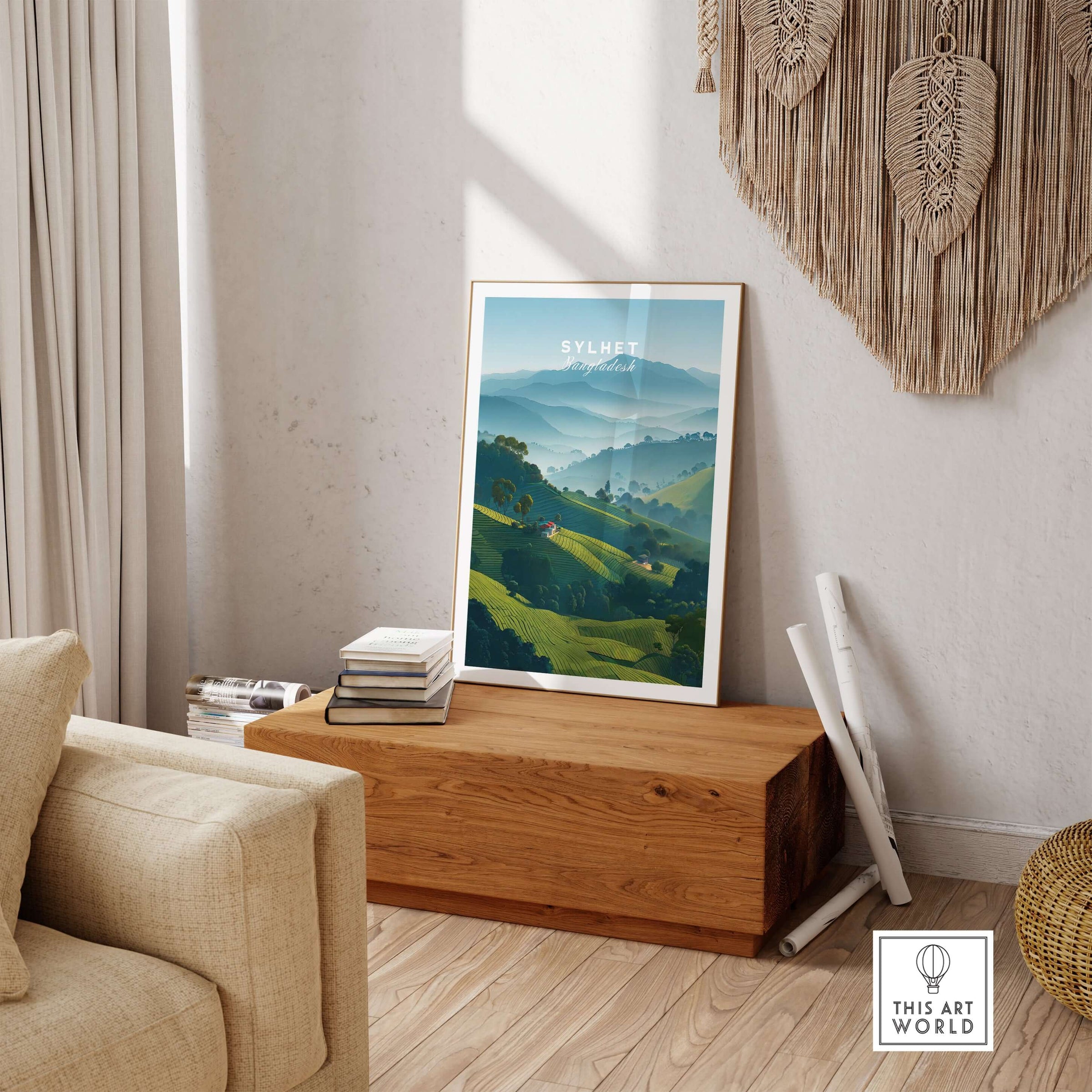 Sylhet Bangladesh Tea Fields Print - Serene Hillside Landscape Poster displayed in a cozy living room.