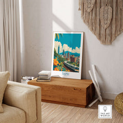 Taipei Taiwan Taipei 101 Poster - Modern City Travel Print showcasing Taipei's skyline in a stylish living room setup.