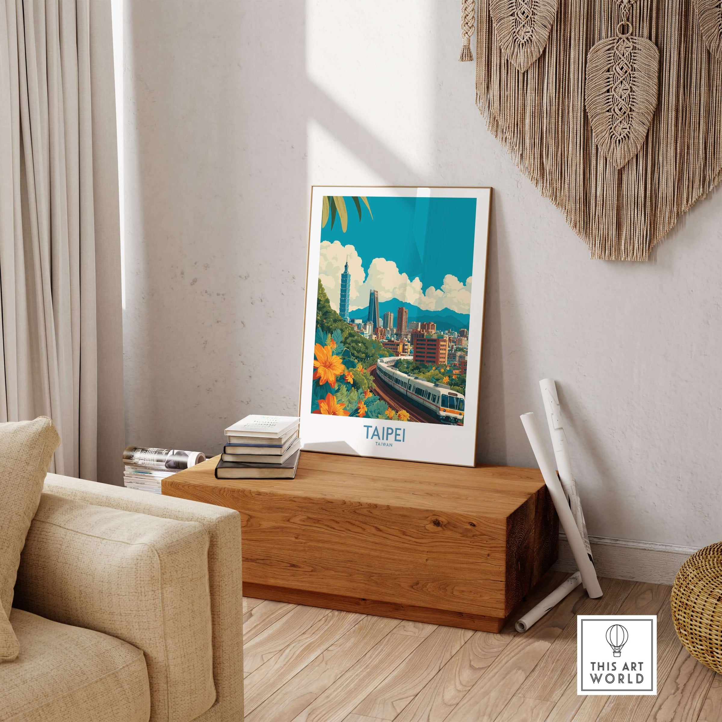 Taipei Taiwan Taipei 101 Poster - Modern City Travel Print showcasing Taipei's skyline in a stylish living room setup.