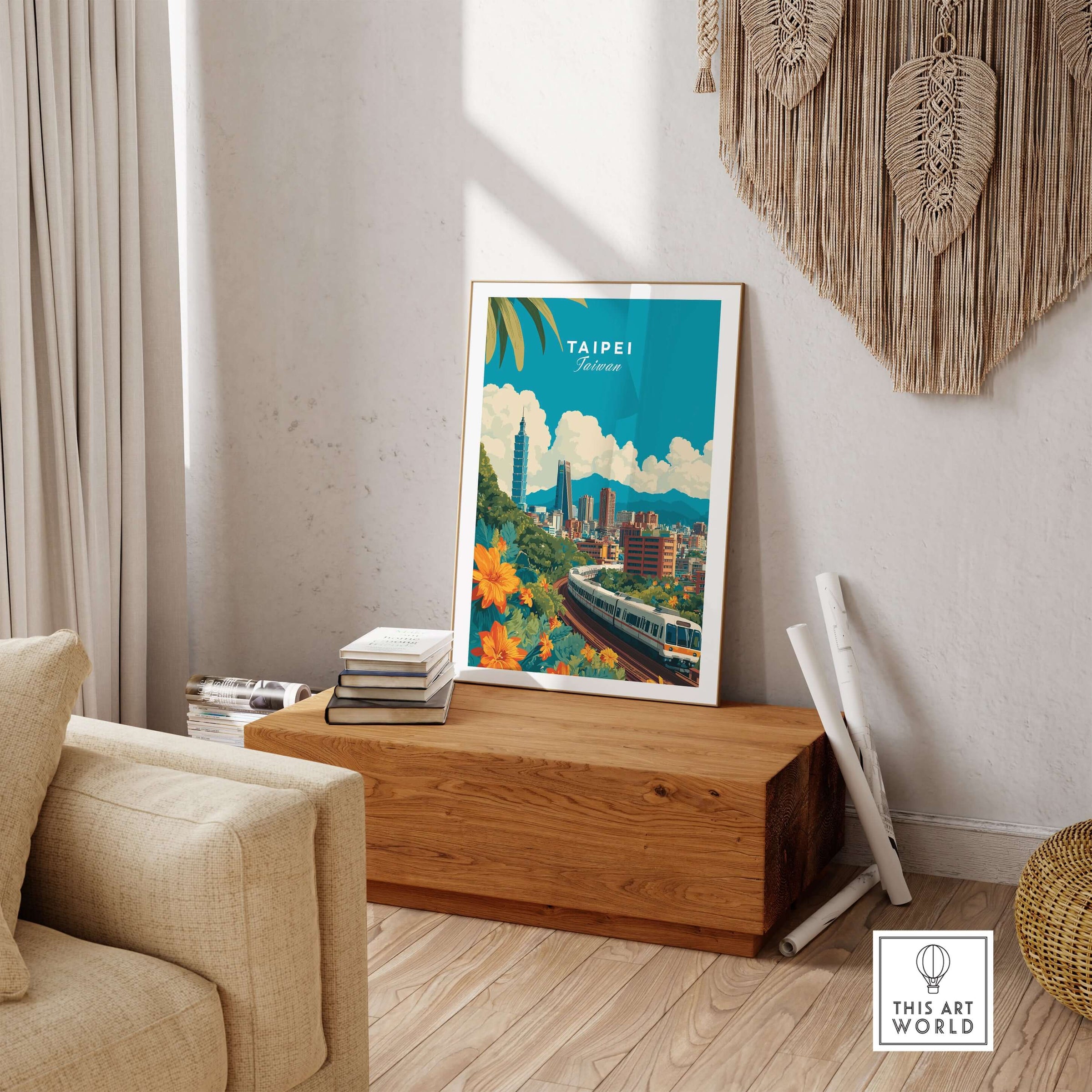 Taipei Print Taiwan City Skyline MRT Train Poster - Urban Landscape Wall Art displayed in a modern living room setting.
