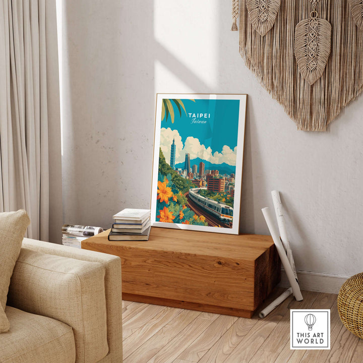 Taipei city skyline print featuring MRT train, vibrant urban landscape wall art in modern interior.