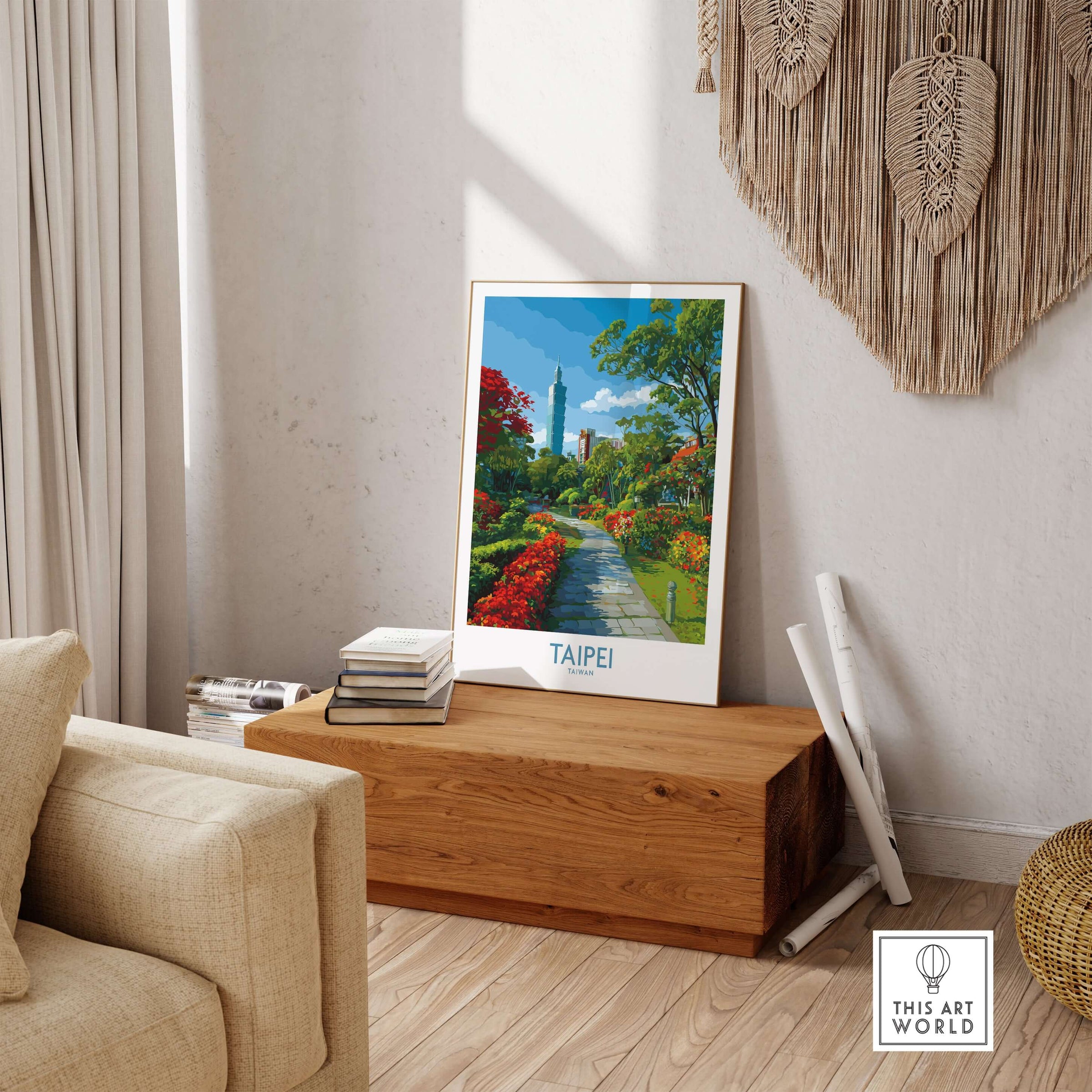 Taipei Taiwan Taipei 101 Park View Print - Vibrant Urban Green Space Decor displayed in a cozy living room setting.
