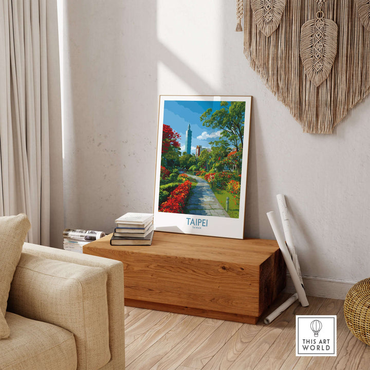 Taipei 101 Park view print decor in a stylish room, showcasing vibrant green space and urban scenery.