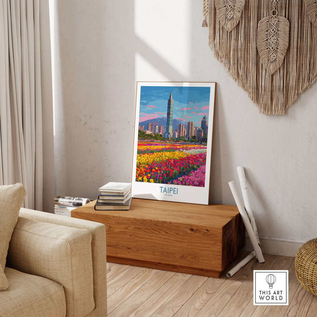 Modern Taipei Taiwan poster featuring the city skyline and vibrant tulip fields in a stylish interior setting.