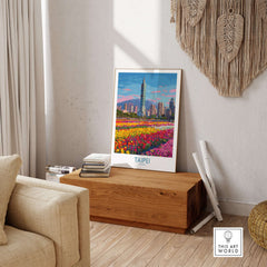 Taipei Taiwan Poster - Modern Urban Travel Print featuring a vibrant skyline and colorful flowers in a cozy setting.