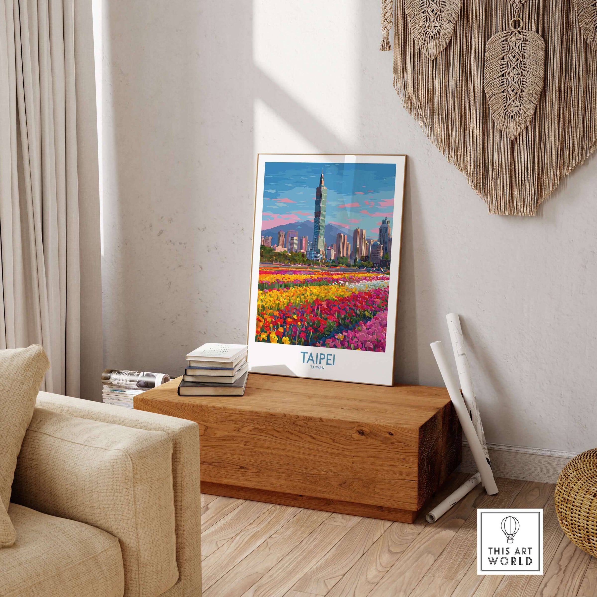 Taipei Taiwan Poster - Modern Urban Travel Print featuring a vibrant skyline and colorful flowers in a cozy setting.