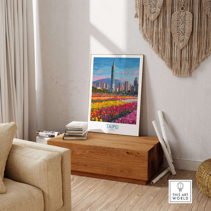 Modern Taipei Taiwan poster featuring the city skyline and vibrant tulip fields in a stylish interior setting.