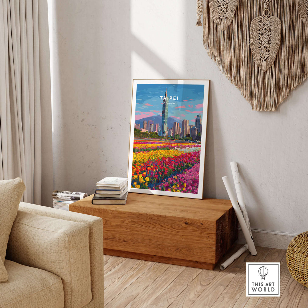 Taipei cityscape print featuring Taipei 101, vibrant flower field in a modern home setting.