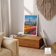 Taipei Taiwan Cityscape Print - Taipei 101 Skyline Wall Art displayed in modern home interior with vibrant flowers.
