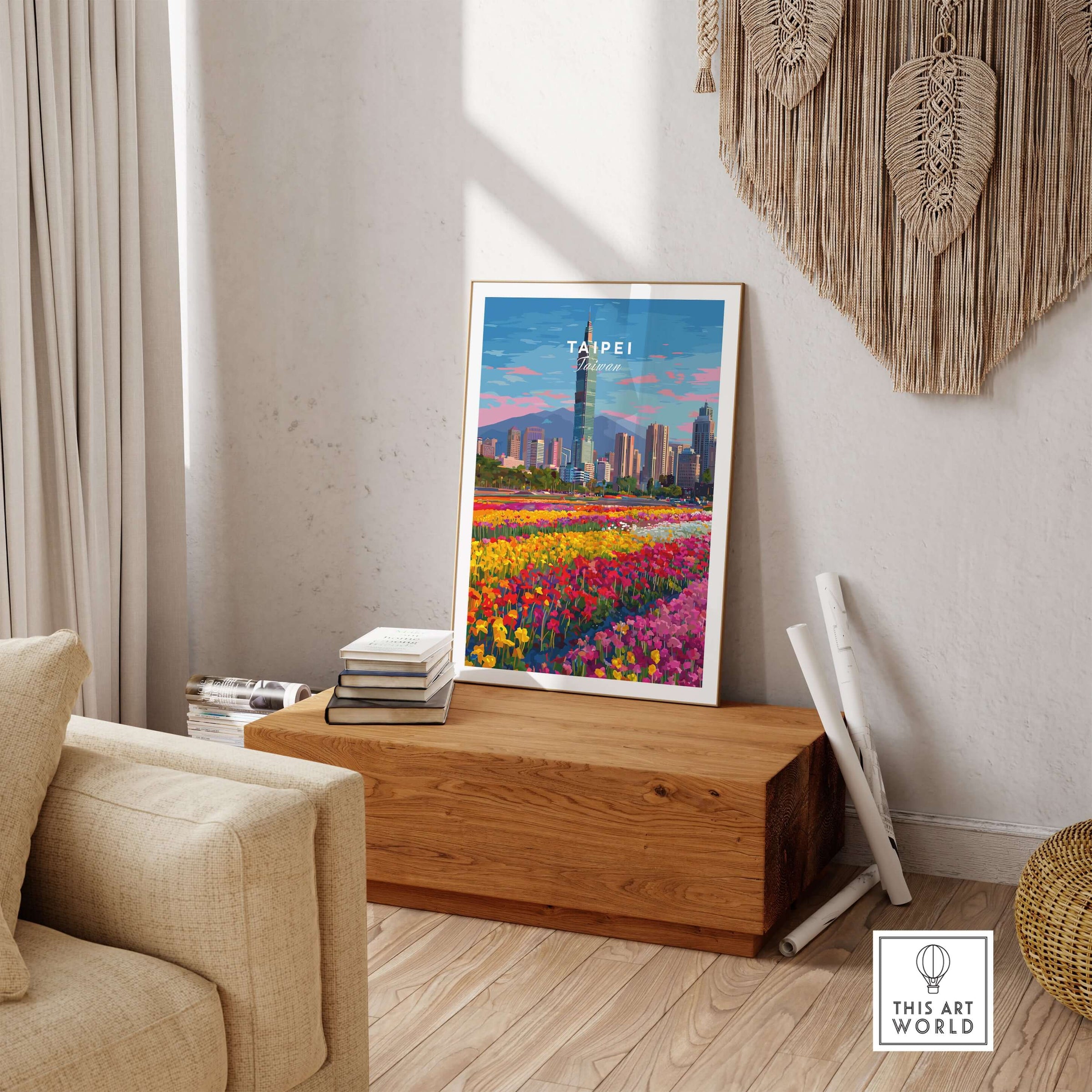 Taipei Taiwan Cityscape Print - Taipei 101 Skyline Wall Art displayed in modern home interior with vibrant flowers.