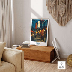 Taipei Taiwan Poster of Illuminated Market - Vibrant City Life Decor displayed in a cozy living room setting.