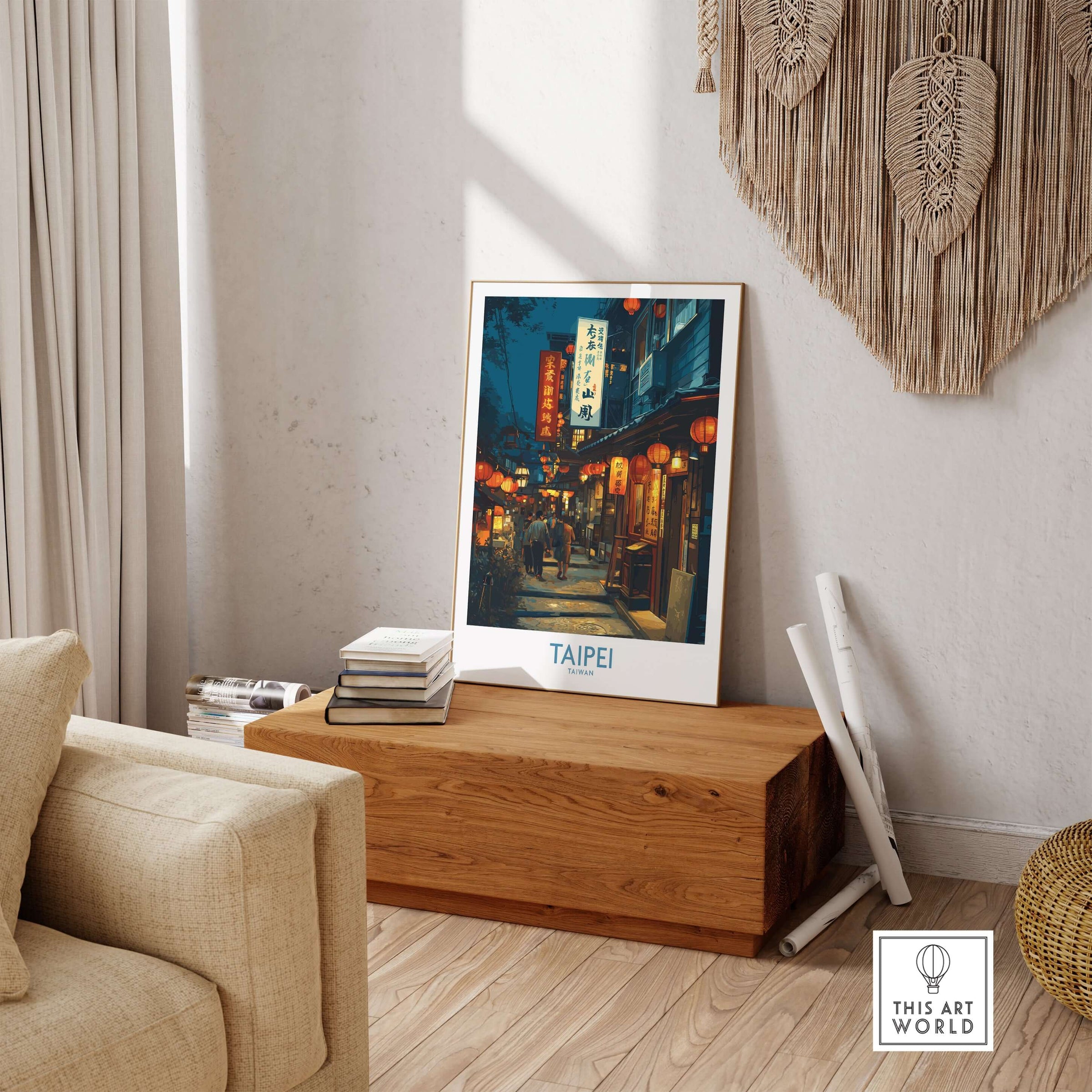 Taipei Taiwan Poster of Illuminated Market - Vibrant City Life Decor displayed in a cozy living room setting.