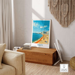 Trieste Italy Poster - Italian Travel Print displayed in a stylish living room, highlighting coastal beauty and architecture.