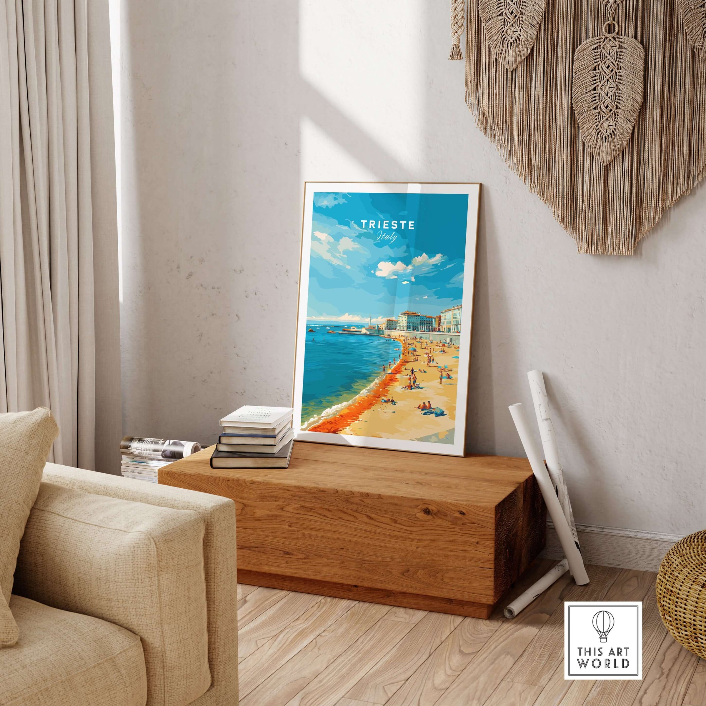 Trieste Italy Print - Adriatic Coast Wall Art displayed in a stylish living room setting on a wooden table.