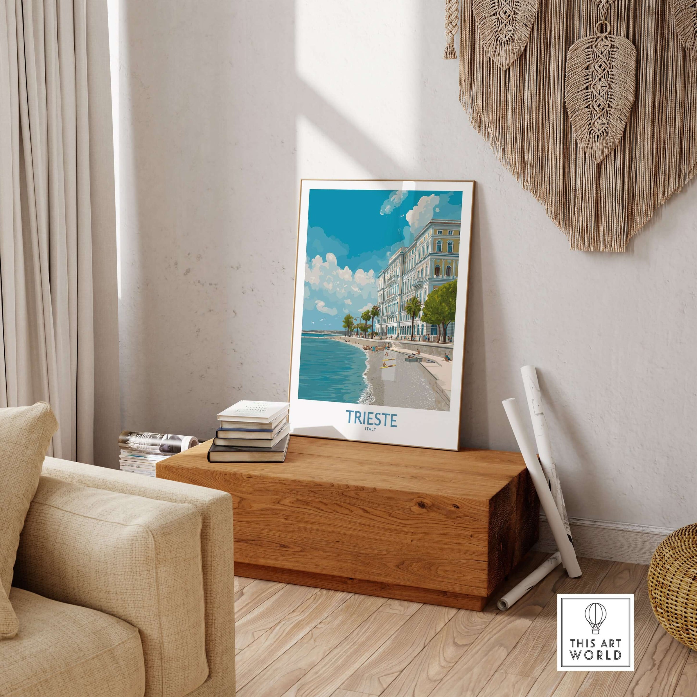 Trieste Print Italy Seafront Poster displayed in a cozy living room with a stylish wooden bench and decor.