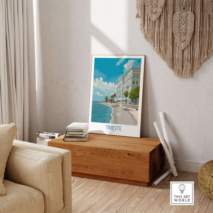 Trieste Print Italy Seafront Poster displayed in a cozy living room, showcasing coastal beauty and vibrant colors.