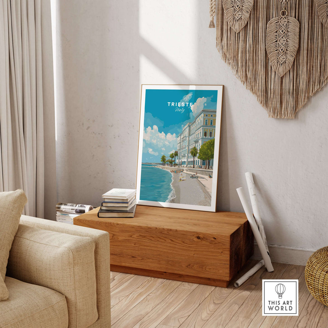Trieste Italy poster featuring a beach scene, bringing coastal charm to modern interior decor.