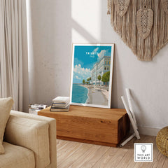 Trieste Italy Poster - Beach Scene Wall Art displayed in a stylish room, showcasing the Adriatic coastline.