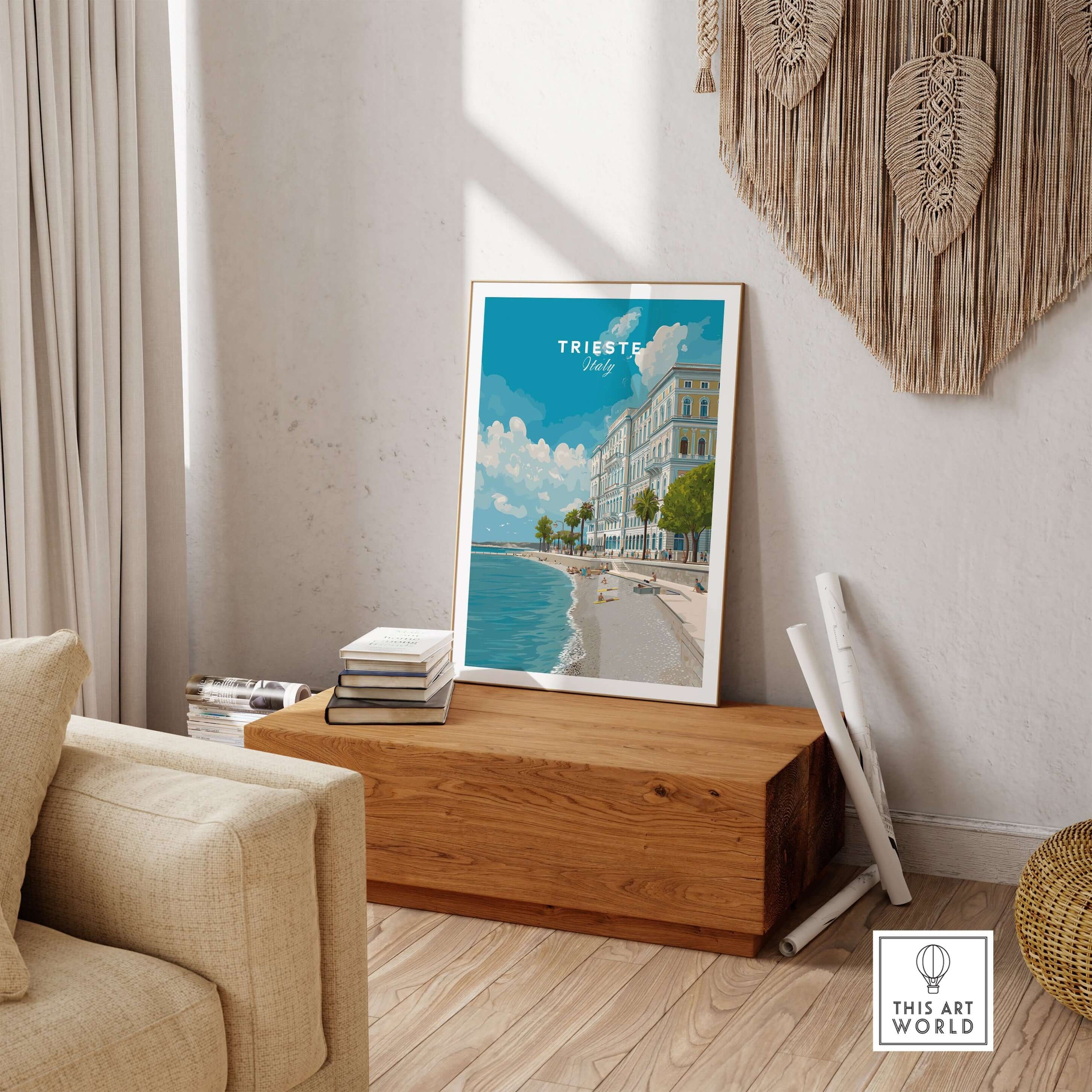 Trieste Italy Poster - Beach Scene Wall Art displayed in a stylish room, showcasing the Adriatic coastline.