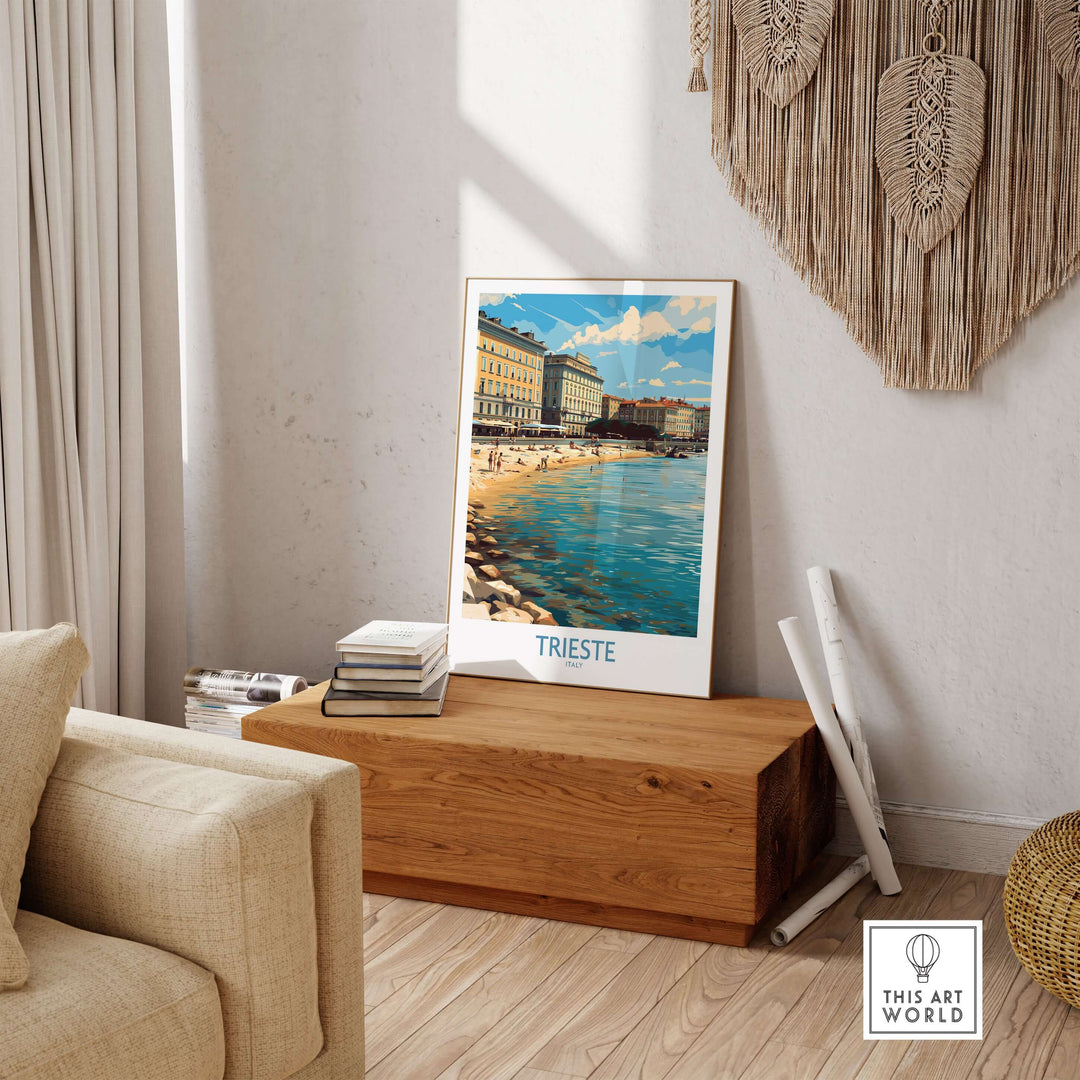 Trieste Italy wall art travel poster showcasing coastal beauty and historic charm in a stylish home setting.