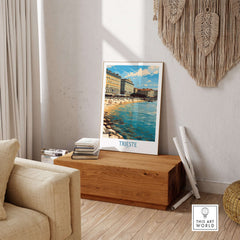 Trieste Italy Wall Art - Italian Travel Poster displayed in a cozy living room setting with wood decor.
