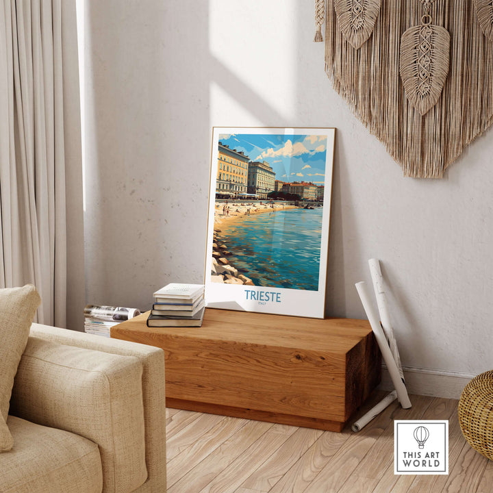 Trieste Italy wall art travel poster showcasing coastal beauty and historic charm in a stylish home setting.