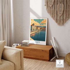 Trieste Italy Wall Art displayed in a cozy living room, highlighting the city's stunning architecture and coastal charm.