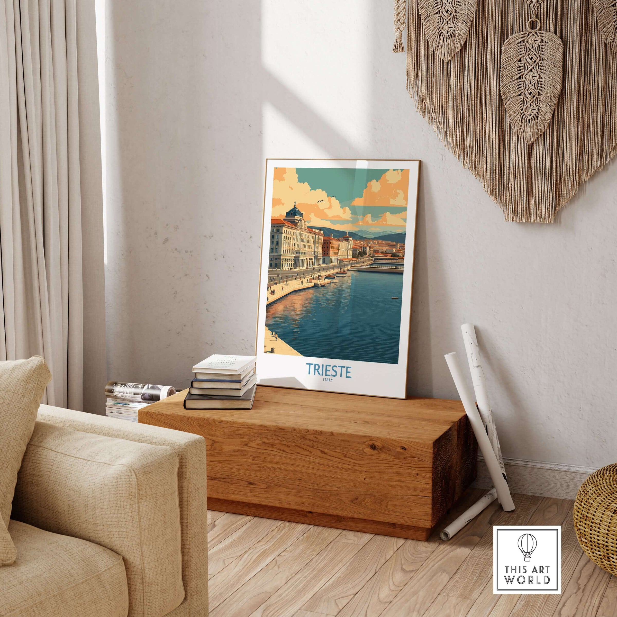 Trieste Italy Wall Art displayed in a cozy living room, highlighting the city's stunning architecture and coastal charm.