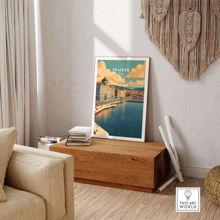 Elegant Trieste Italy print showcasing coastal charm and historic architecture in a stylish living room setting.