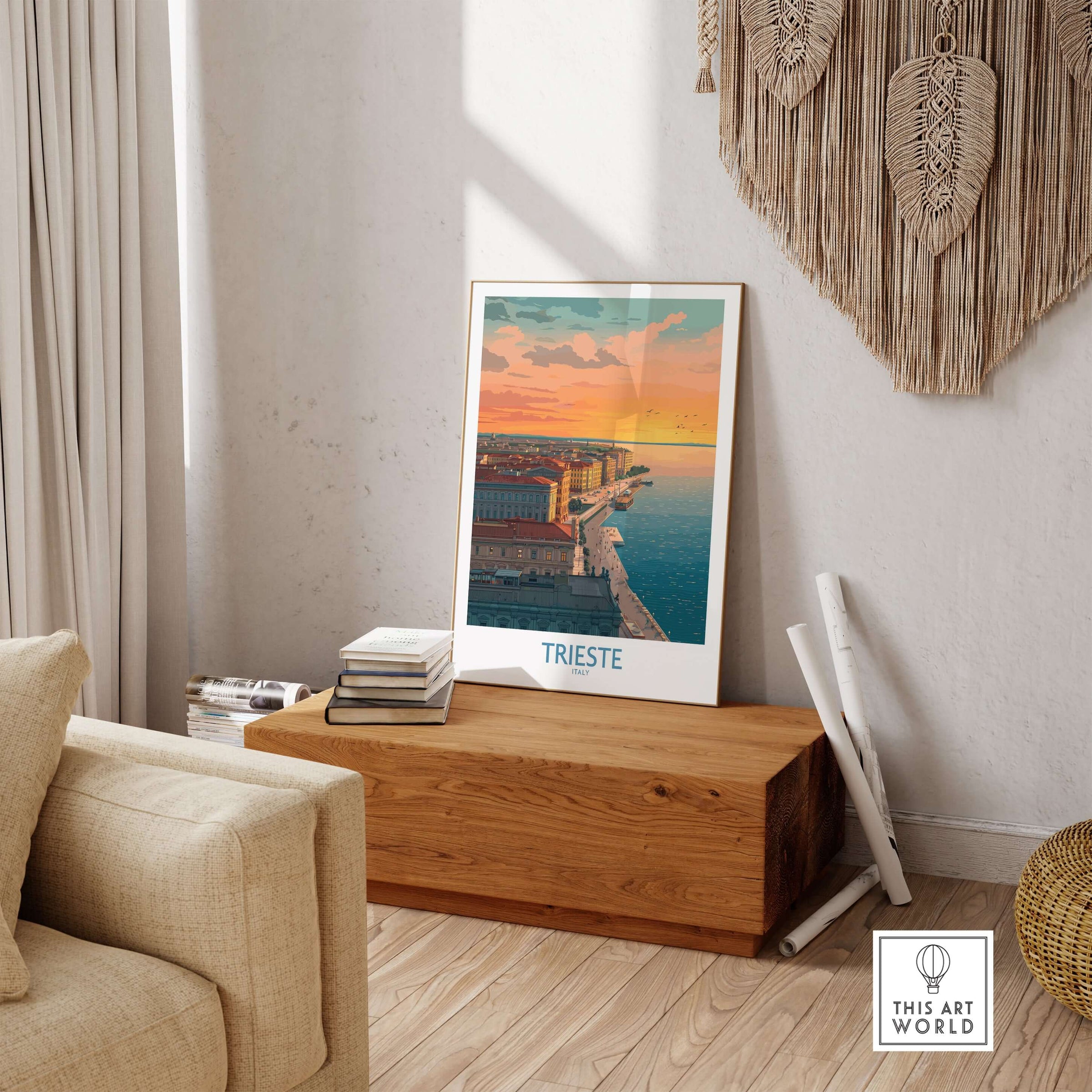 Trieste Italy Wall Art - Italian Evening Poster displayed in a modern living room, highlighting the city's waterfront at dusk.