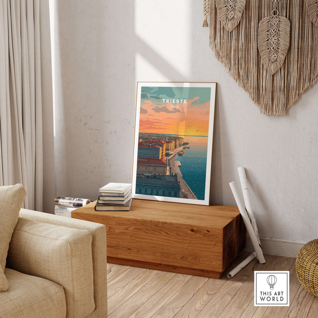 Trieste Italy coastal sunset skyline poster displayed in a cozy living room setting, featuring the Adriatic Sea.