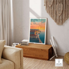 Trieste Italy Coastal Sunset Skyline Poster - Adriatic Seascape Print displayed in a cozy interior setting.