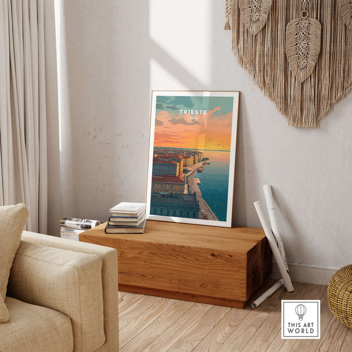Trieste Italy coastal sunset skyline poster displayed in a cozy living room setting, featuring the Adriatic Sea.
