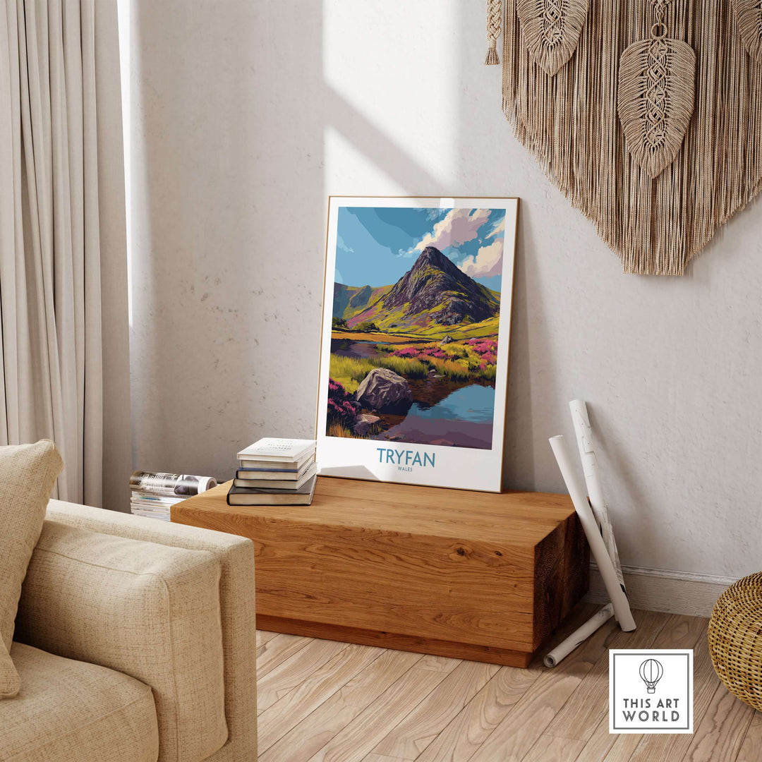 Tryfan poster featuring vibrant heather fields and rugged peaks, enhancing Welsh wilderness decor in a cozy living room.
