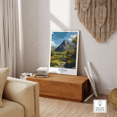 Tryfan Wall Art Wales Hiking Trail - Snowdonia National Park Decor displayed in a cozy living room setting.