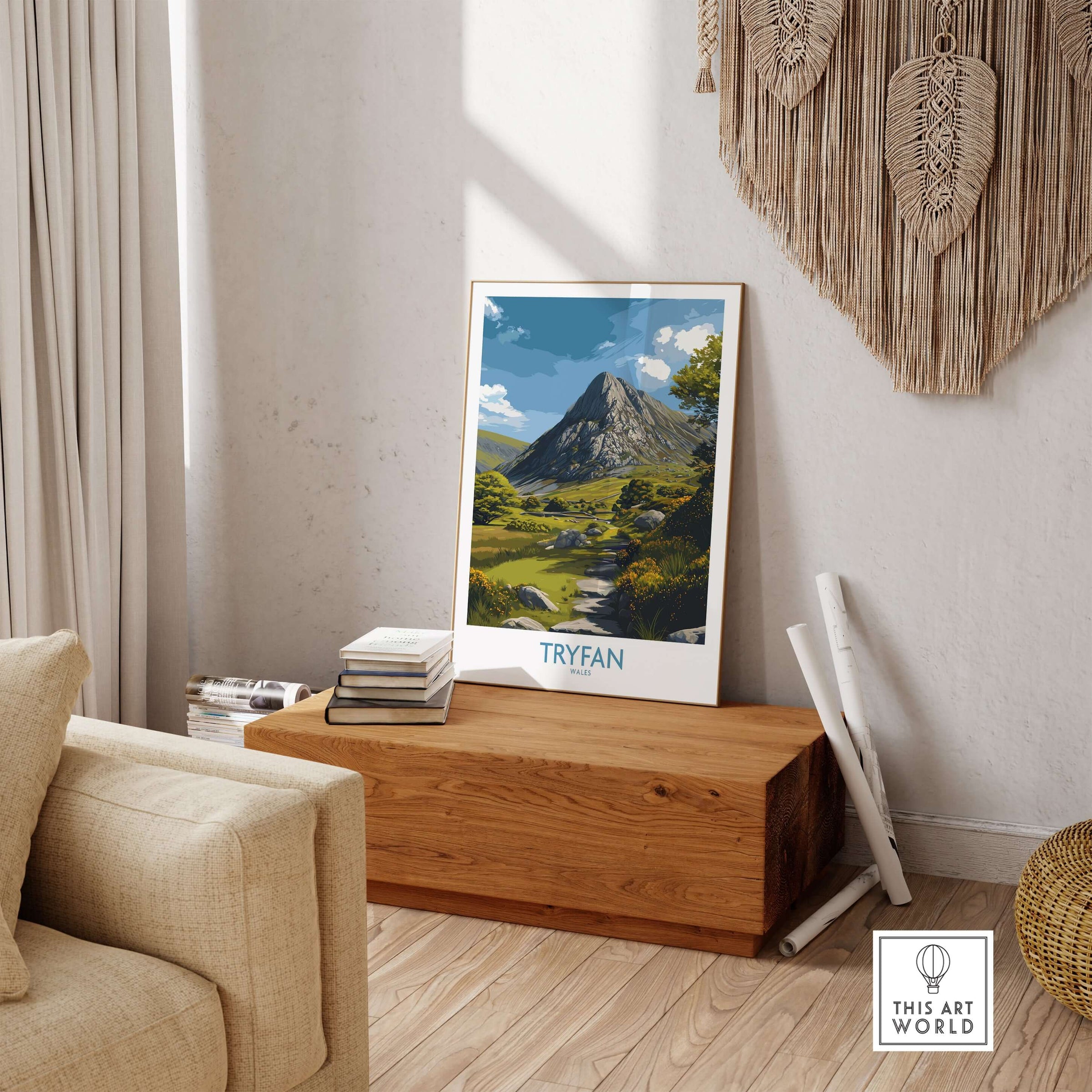 Tryfan Wall Art Wales Hiking Trail - Snowdonia National Park Decor displayed in a cozy living room setting.