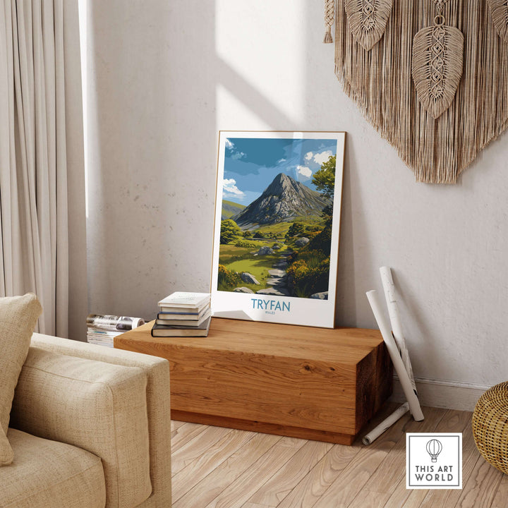 Tryfan wall art showcasing a scenic hiking trail in Snowdonia National Park, perfect for Welsh landscape decor.