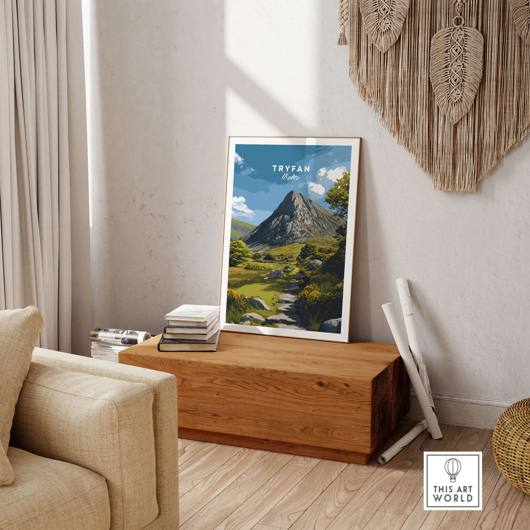 Tryfan poster of the Welsh Highlands displayed in a cozy living room, showcasing rugged mountains and scenic landscapes.