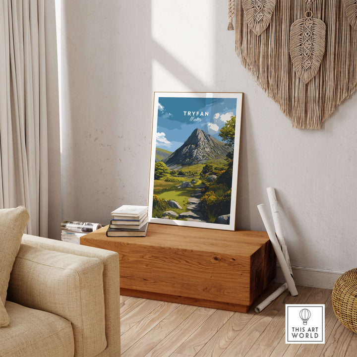 Tryfan poster of the Welsh Highlands displayed in a cozy living room, showcasing rugged mountains and scenic landscapes.