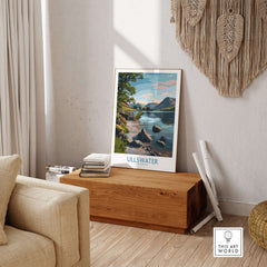 Ullswater Lake District Mountain Vista Poster - UK Hiking Trail Decor displayed in a cozy living room setting.
