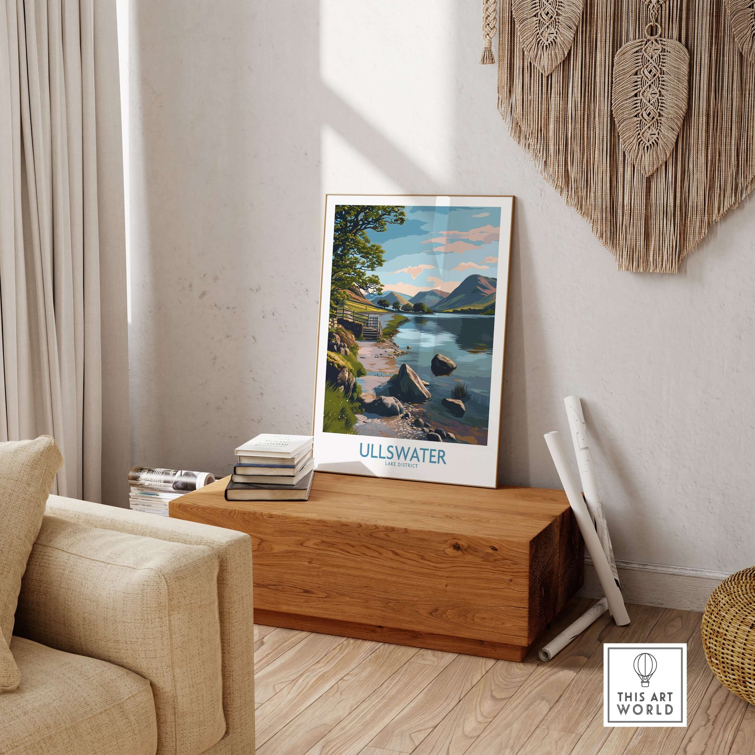 Ullswater Lake District Mountain Vista Poster - UK Hiking Trail Decor displayed in a cozy living room setting.